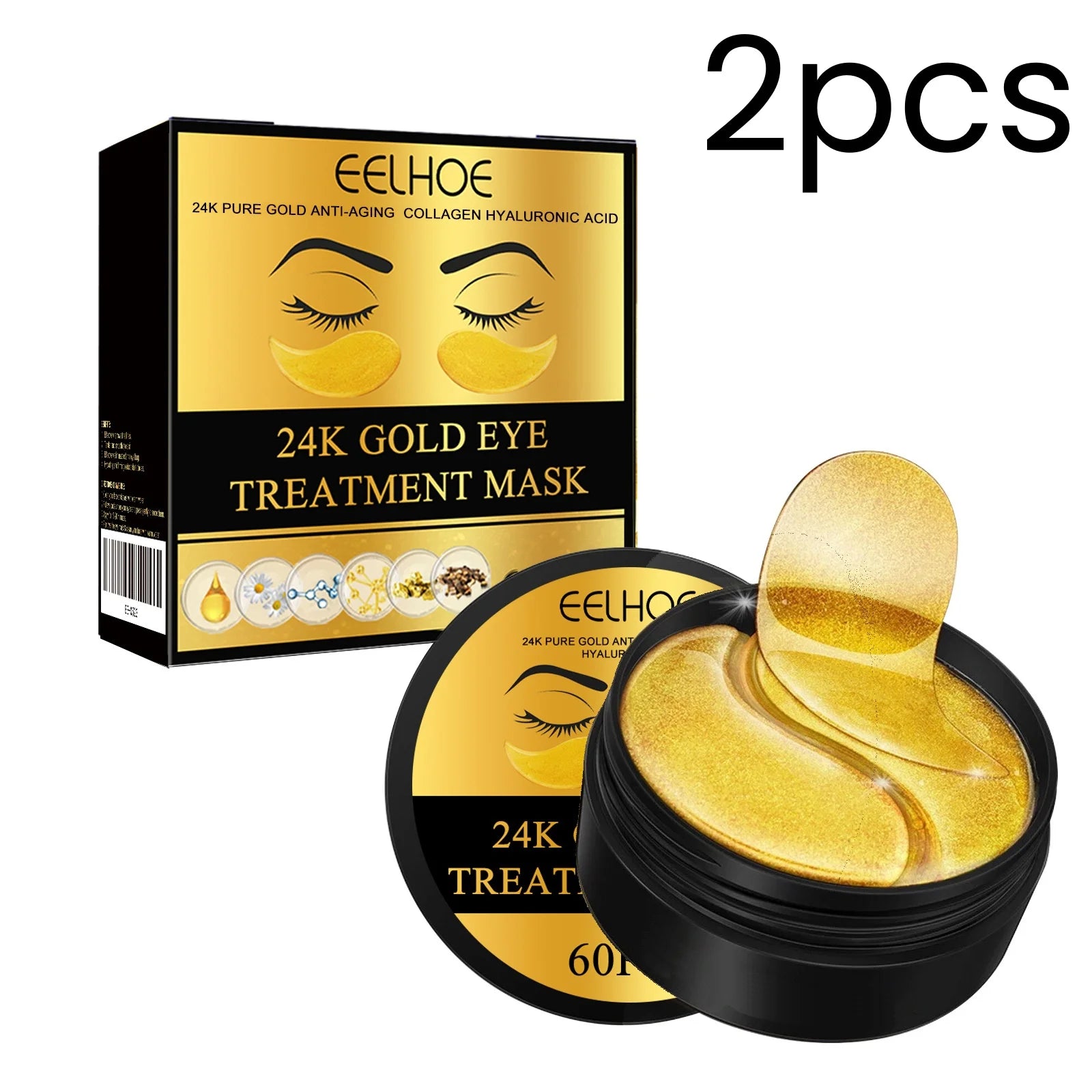 EELHOE 24k Gold Eye Treatment Mask Collagen Hyaluronic Acid Anti Wrinkle Reduce Dark Circles Daily Skin Care Under Eye Patches Oasis Select 2 Boxed