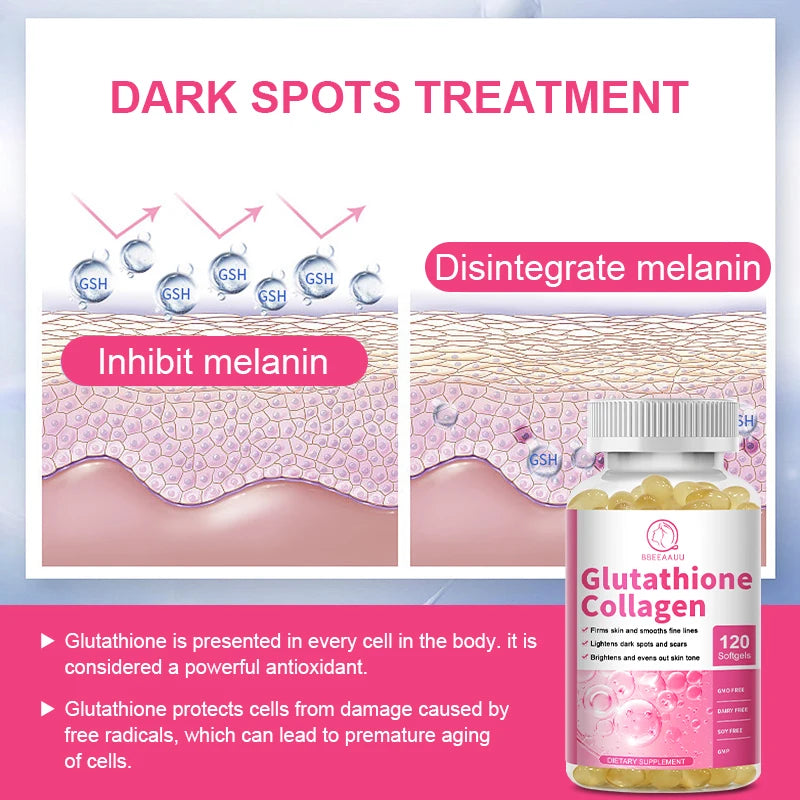 BBEEAAUU Collagen Glutathione Capsules Skin Whitening Supplement Antioxidant Support Liver Detoxification Improvement Skin Slack Oasis Select