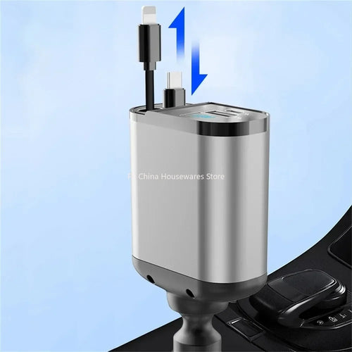 4 in 1 120W Car Charger Retractable Car Cigarette Lighter Adapter USB Type C Fast Charger Cable For IPhone Xiaomi Huawei Samsung Oasis Select Black