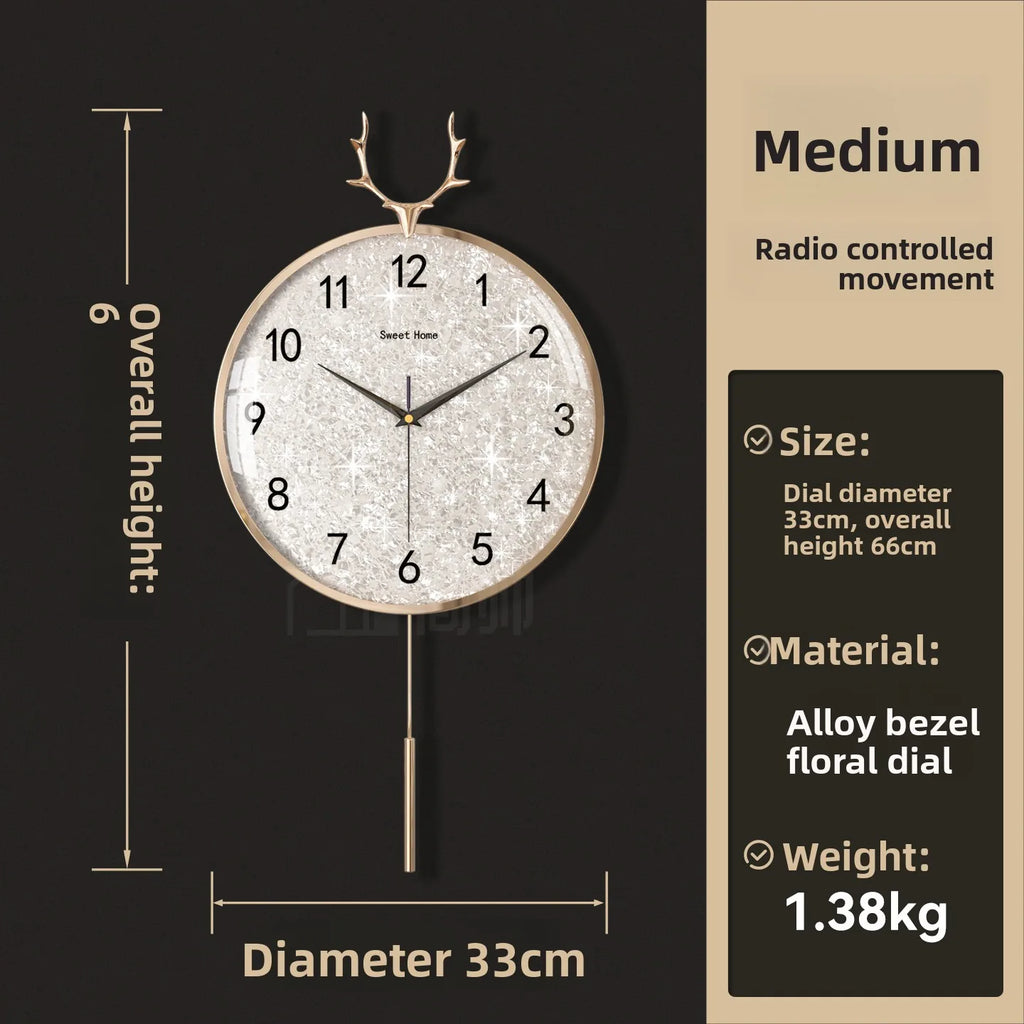 Golden Deer Horn Hanging Clock Pendant Light Luxury Dial Silent Living Room Modern and Simple Home Wall Decoration Oasis Select Alloy 33cmRadio wave