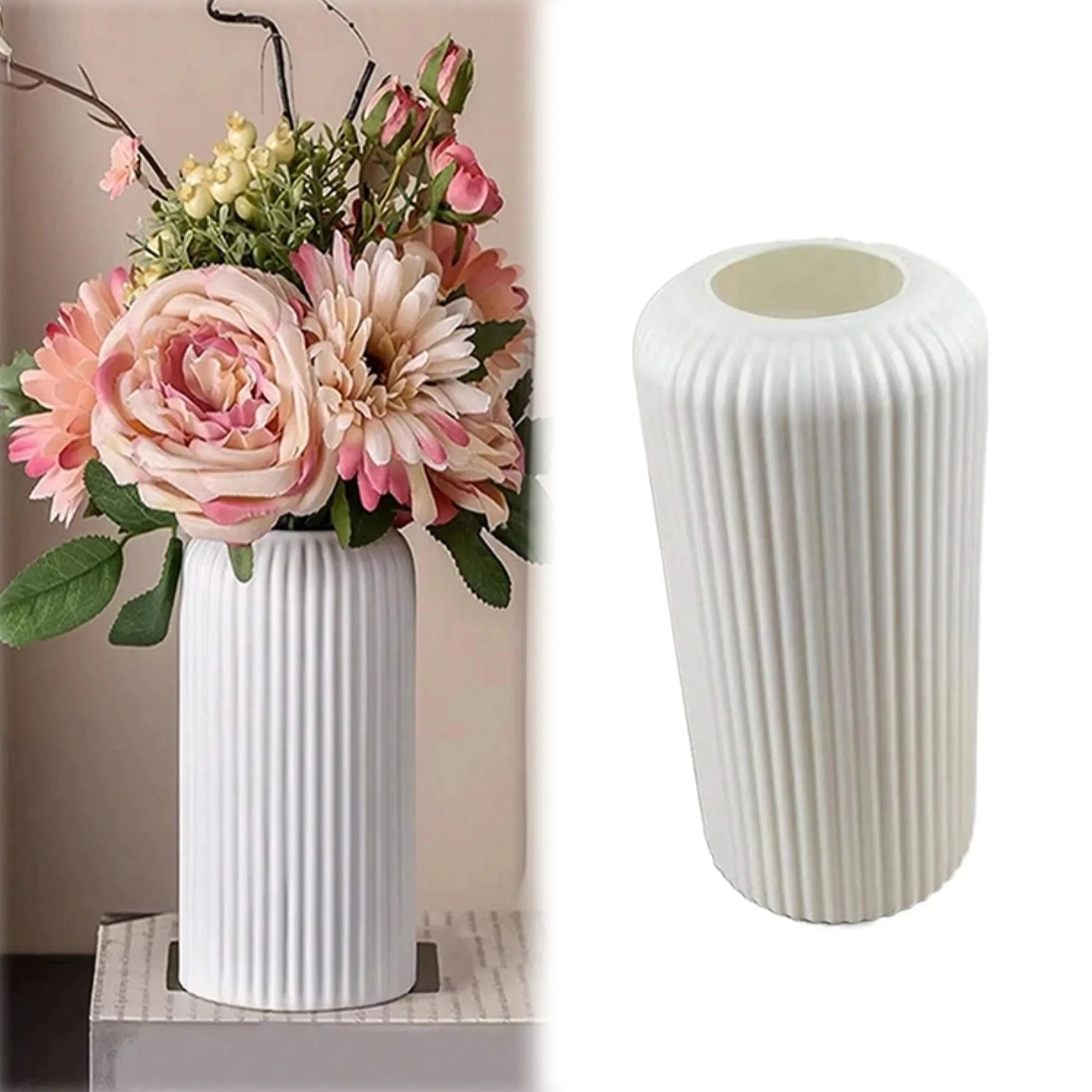 1pc Chic Striped Ceramic-Look Plastic Vase for Flowers - Durable, Easy-to-Place Decorative Floral Display Piece Oasis Select