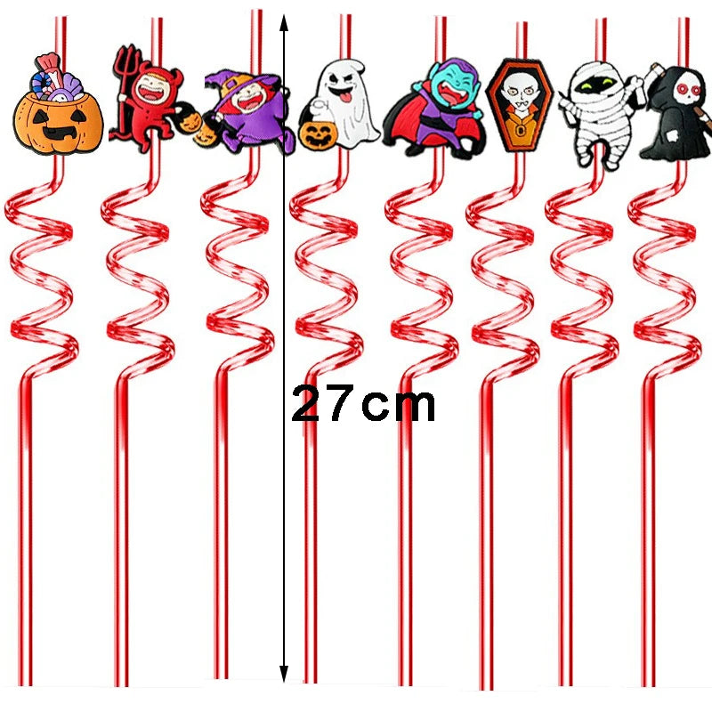 8pcs 27cm Plastic Halloween Straw Reusable Miner Plastic Spiral Drinking Straws Kids Birthday Party Decorations Juice Straws Oasis Select