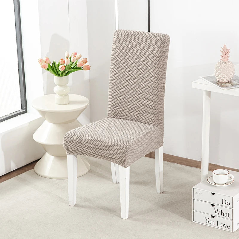 Long Checkered Jacquard Chair Cushion Cover, Elastic Dining Chair Slipcover, Solid Stretchable Seat Cover for Home Oasis Select khaki
