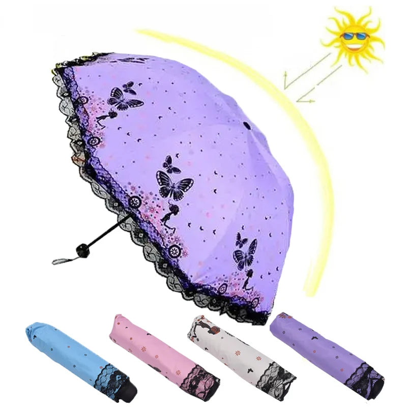 Butterfly Lace Printed Sunshade Umbrella For Both Rain Triple Fold Wind Resistant and Sun ResisTant Black Rubber Umbrella Oasis Select