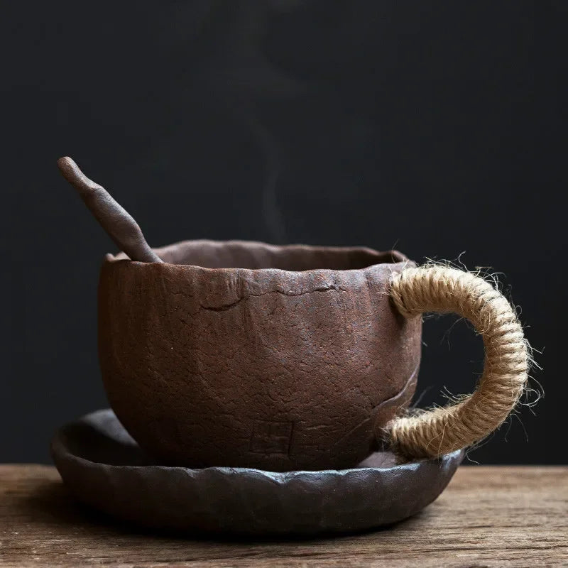 Handmade thick ceramic mug with lid spoon creative tie rope ceramic large capacity Japanese coffee cup cups Oasis Select