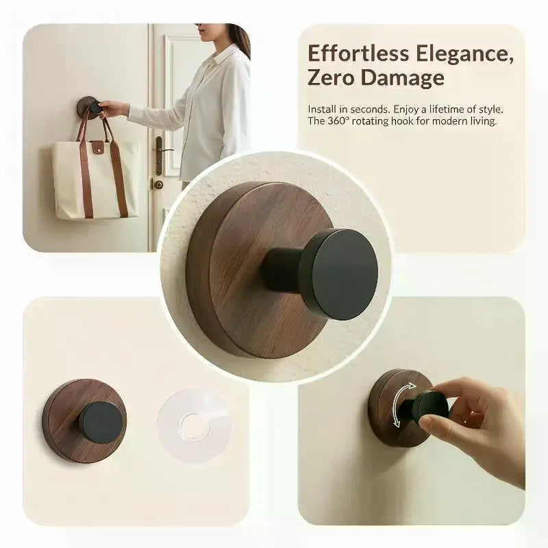 Wood Suction Cup Hook Walnut No-Drill Decor Hanger Heavy Duty Waterproof for Door Back Keys Towel Clothes Bathroom Oasis Select