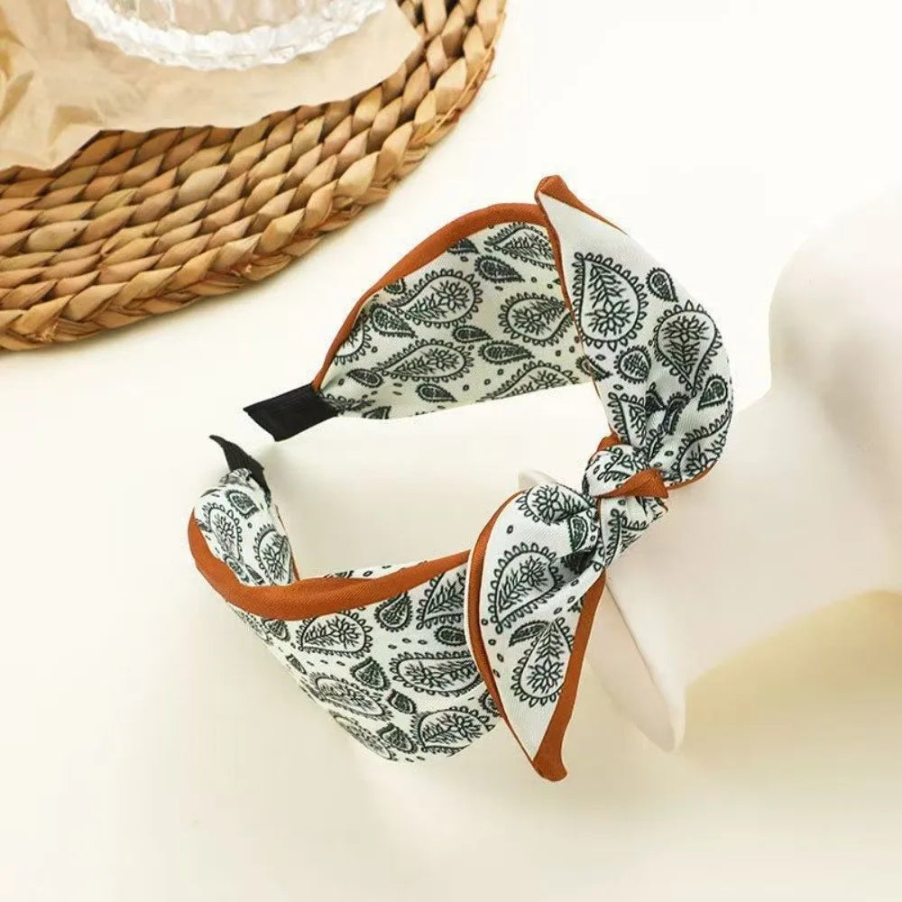 New Wide Brim Bowknot Headband Floral Paisley Hair Band Elastic Cloth Hair Hoop Girls Oasis Select Green