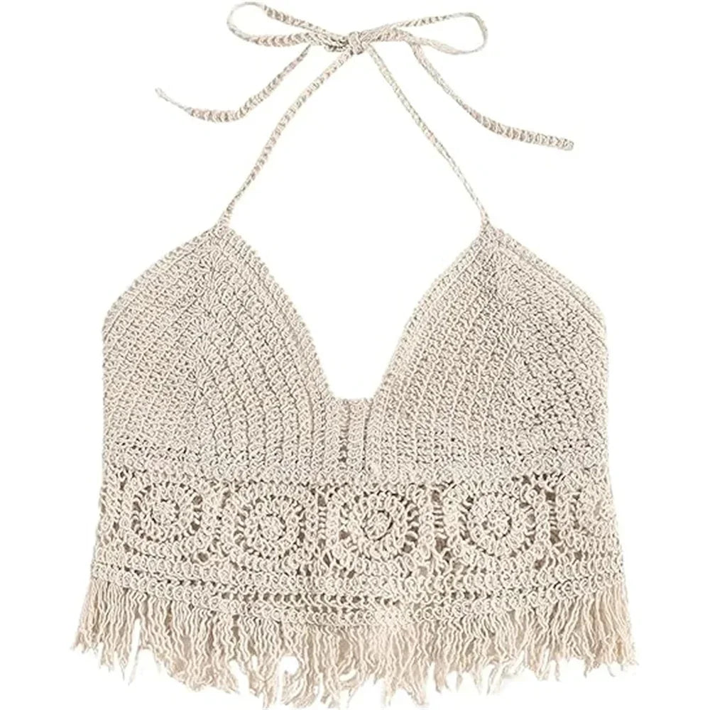 Women's Boho Fringe Backless Halter Tie Neck Underwear Outerwear with Neck Hanging Embroidery Tassel Suspender Vest Short Tank Oasis Select