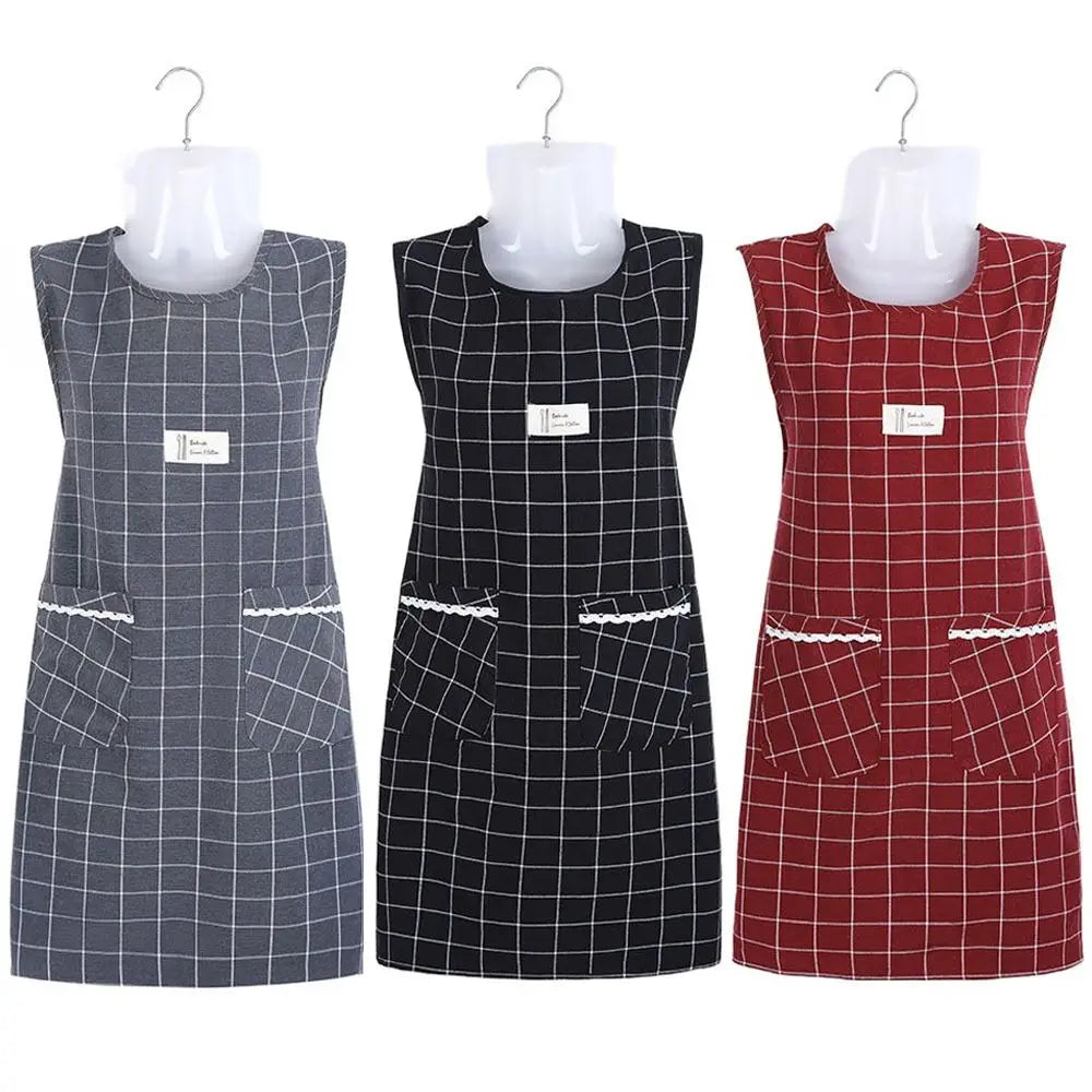 Women's Plaid Cotton Sleeveless Apron – Oil-Proof, Large Pocket
