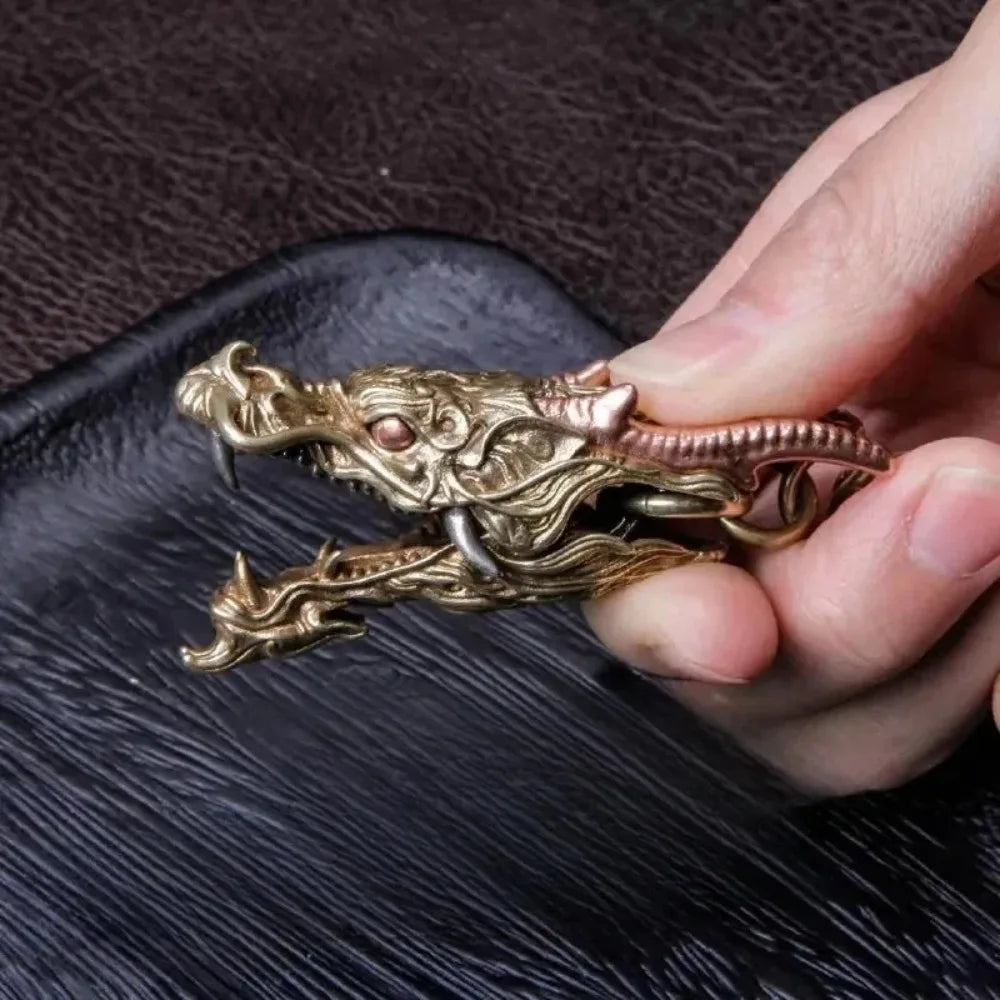 Gold Brass Dragon Head Keychain with Key Ring Fine Carved Domineering Car Keychain Multifunctional Metal Ornaments Luxury Gift Oasis Select
