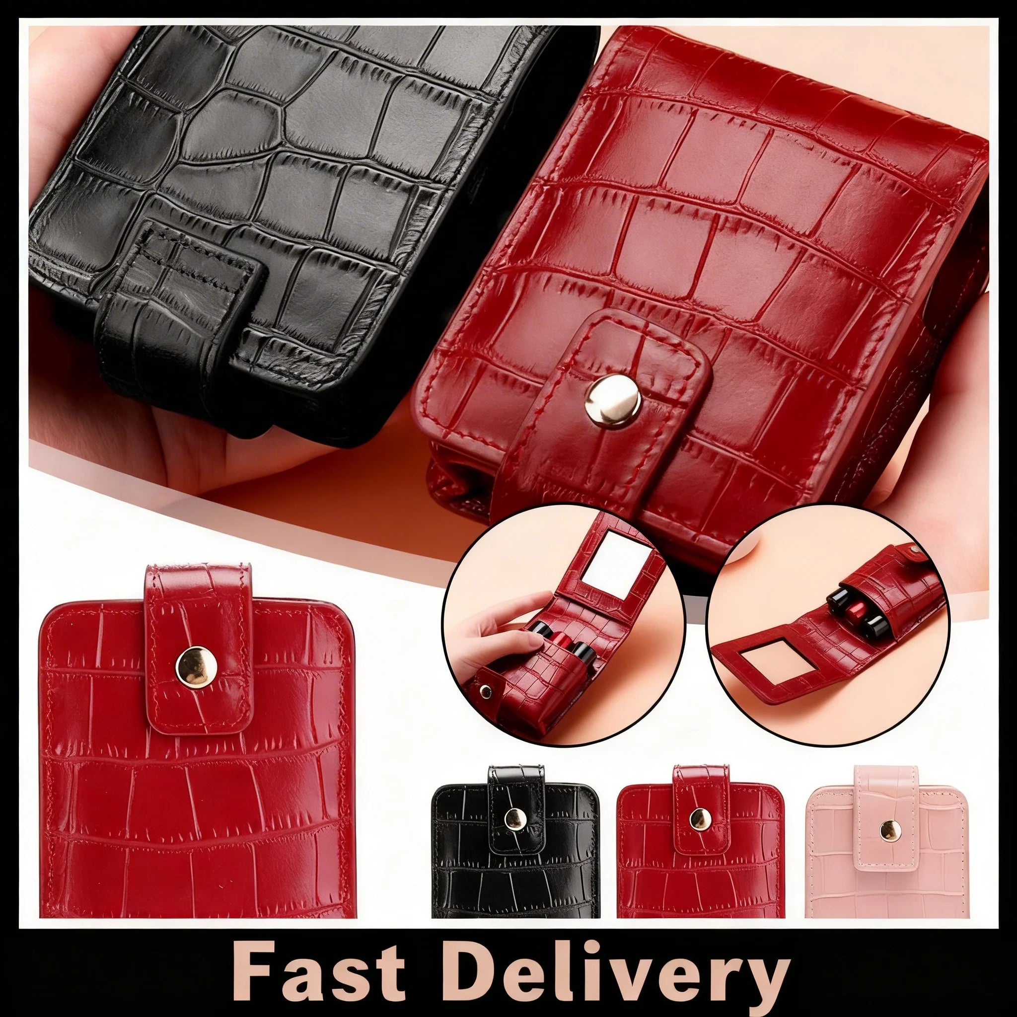PU Leather Lipstick Bag with Mirror – Travel Makeup Organizer