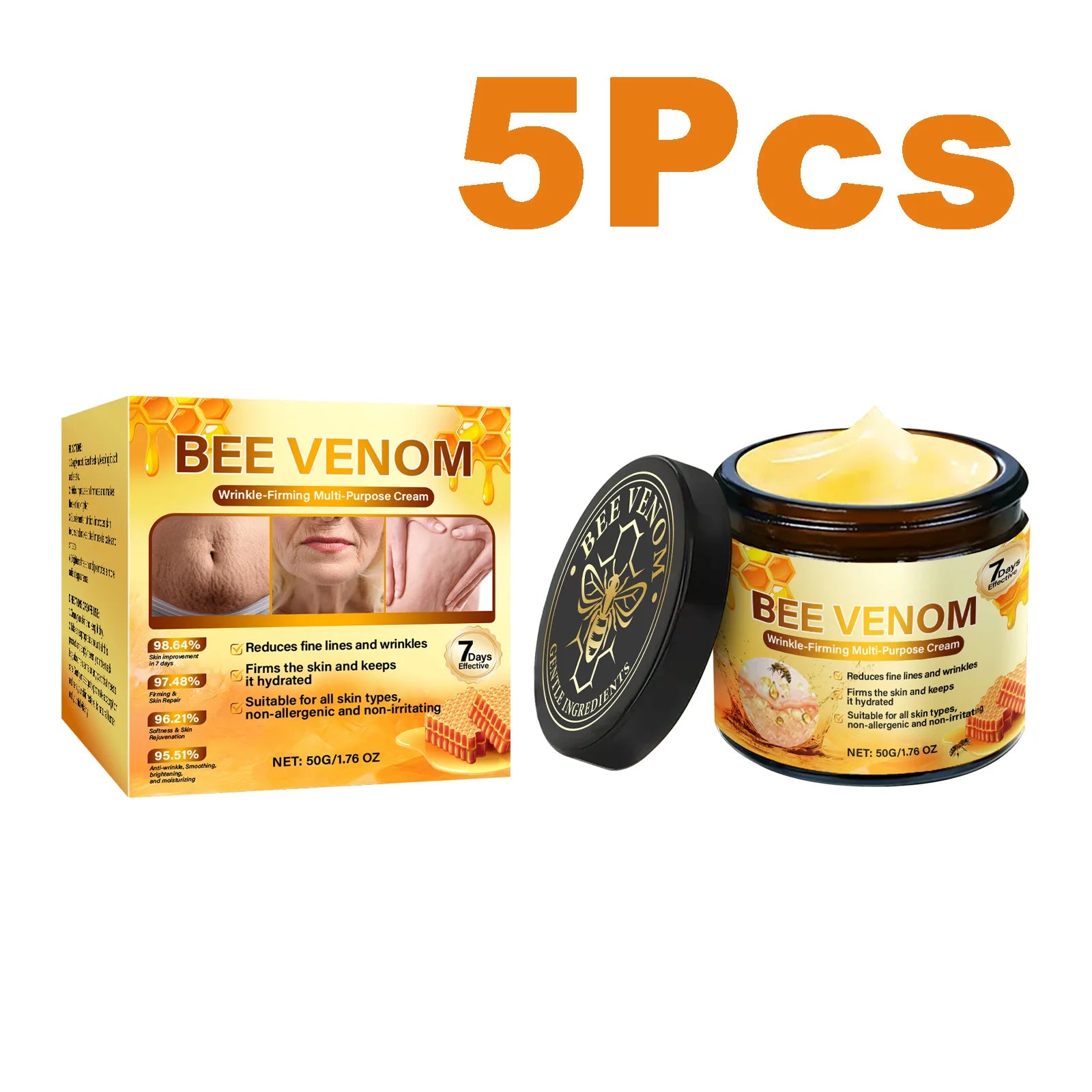 Bee Venom Firming Cream Anti-Wrinkle Lifting Face Moisturizer with Hyaluronic Acid Reduce Fine Lines Multipurpose Bee Venom Crea Oasis Select 5 x 50g Boxed