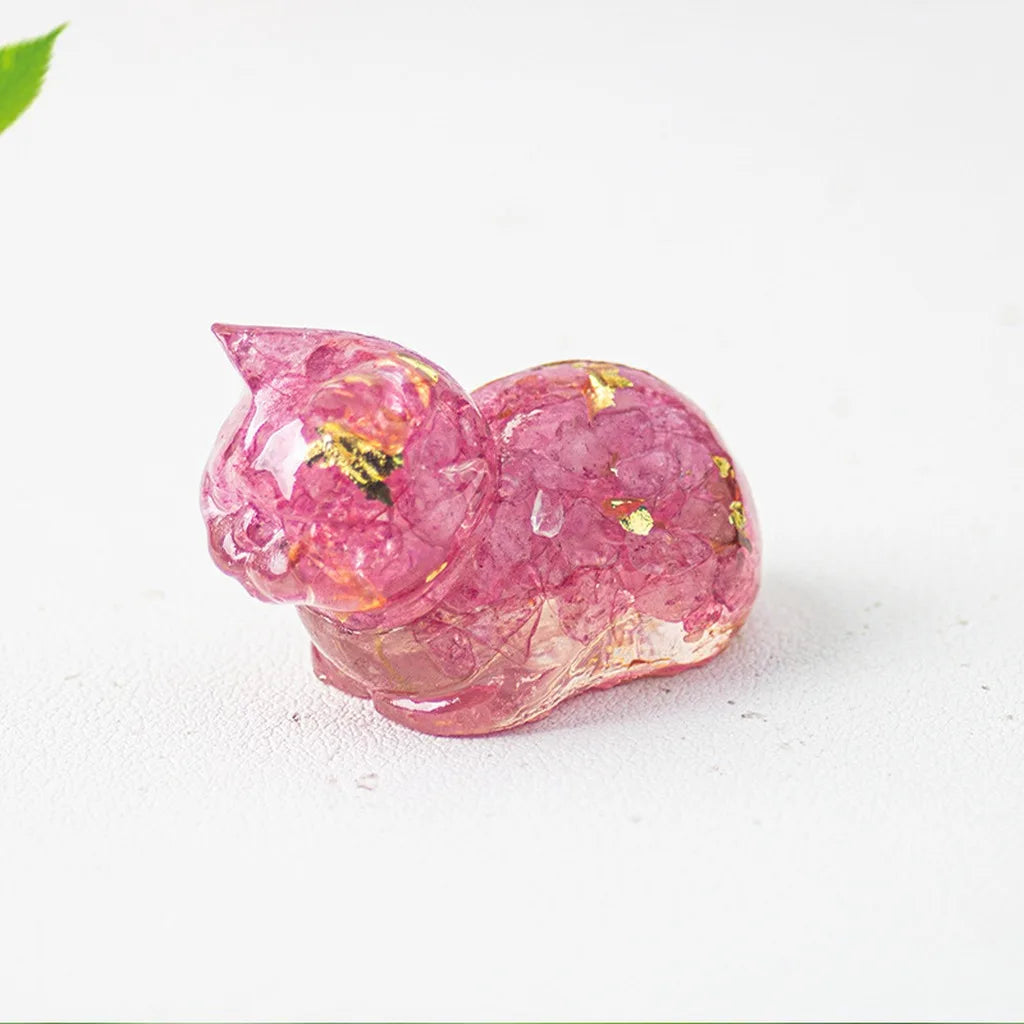 Crystal Chip Epoxy Lying Cat Figurine | Desk Decor & Gift