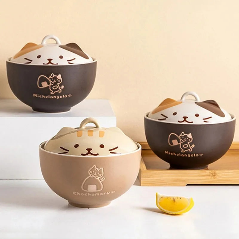 1pcs Japanese Tableware Cute Cat Ceramic Bowl Large Capacity Household Soup Bowl Student Instant Noodle Bowl with Lid Oasis Select