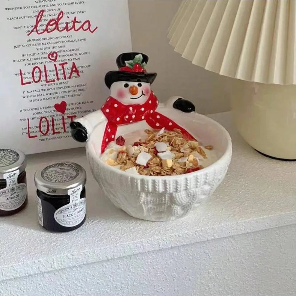 3D Snowman Pattern Plate Ceramic Dinner Plate Bowl Creative Painted Tableware Christmas Dessert Candy Tray Holiday Decor Gift Oasis Select