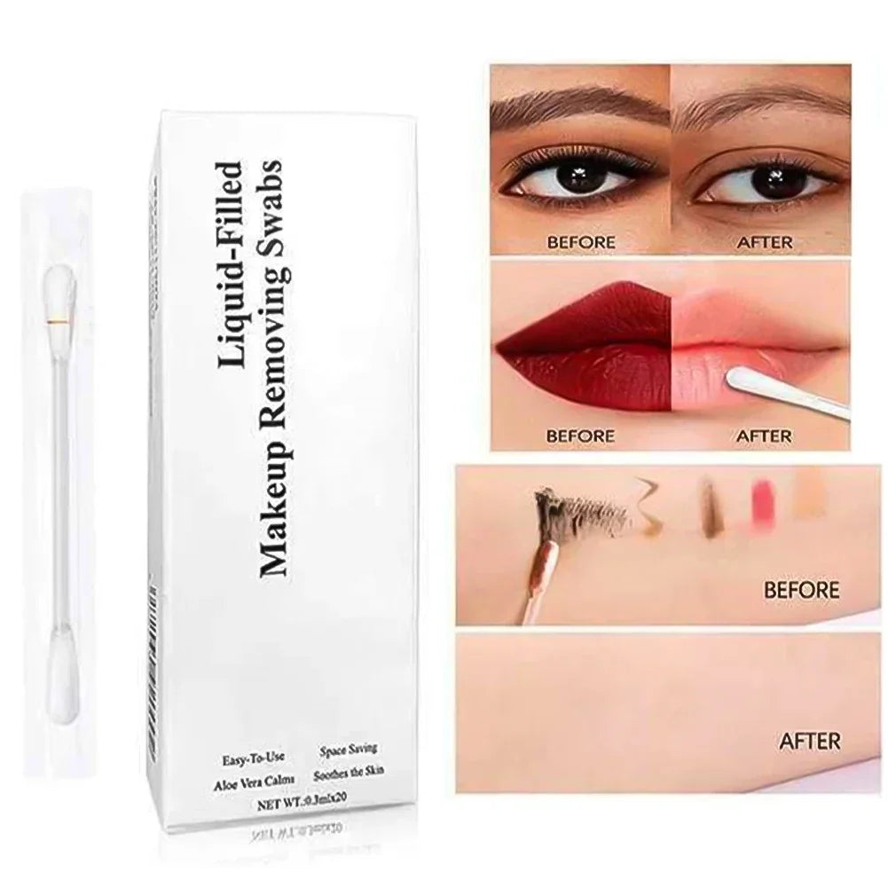Portable Disposable Makeup Remover Swabs 0.3ml x 20pcs Liquid Filled Pre Moistened Cotton Swab for Eye Lip Care Oasis Select