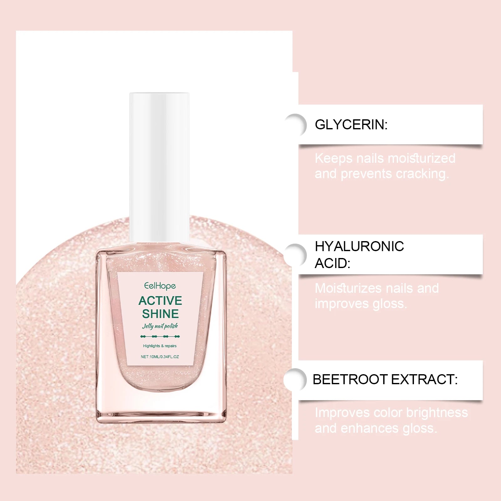 Jelly Nail Polish - Transparent Pink Water-Based Nail Polish, Autumn & Winter Shade, Skin-Whitening, Fine Glitter, Girly Pink Oasis Select