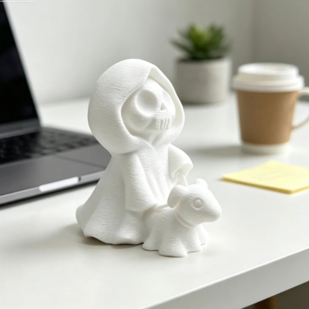 Miniature Grim Reaper Figurines with Ghost Puppy 3D Printed Cute Skeleton Ghost Walking Dogs Statues DIY Paintable Desktop Decor Oasis Select
