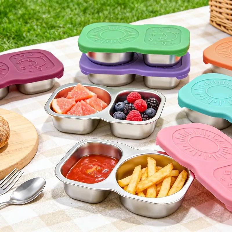 4pcs 2 Compartment 304 Stainless Steel Snack Containers Leakproof Silicone Lids 5.3oz Reusable Salad Dressing Sauce Food Storage Oasis Select