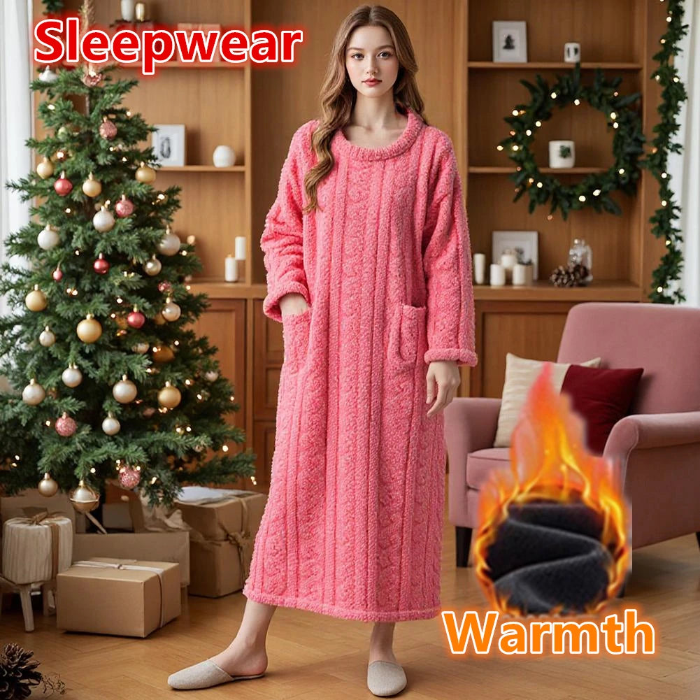Winter Warm homewear Long Sleeve Double Pocket Flannel Nightgowns Women Loose Solid Sleepwear Jacquard Night Dress Thickened Oasis Select
