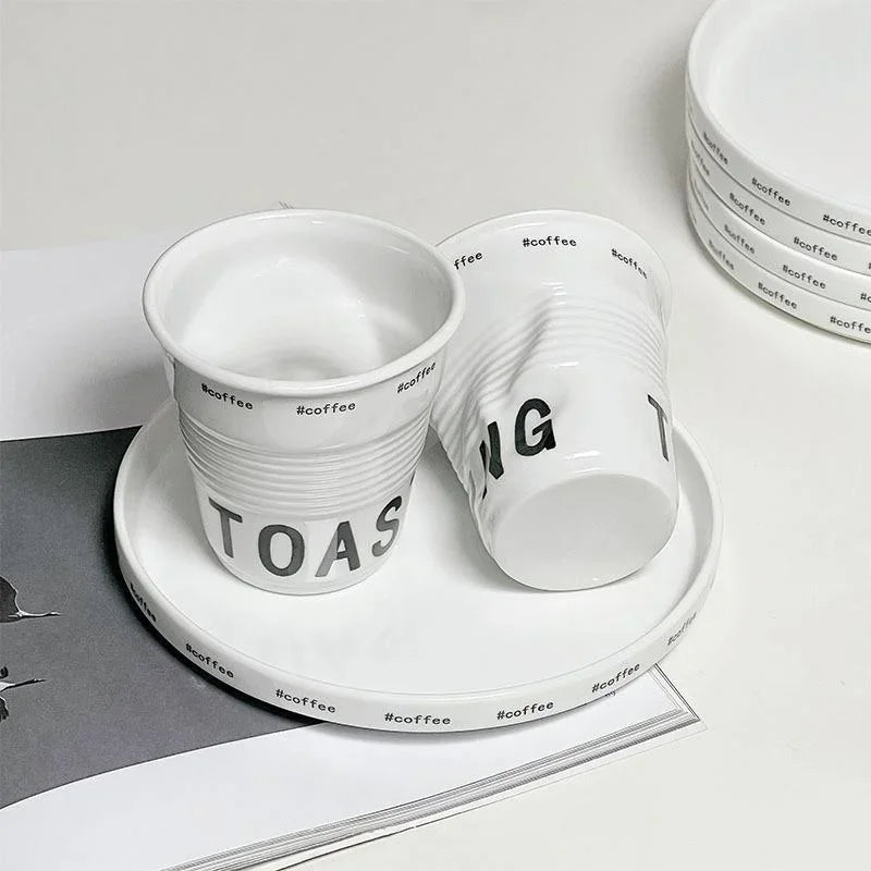 200ml Coffee Mug French Pleated Irregular White Ceramic Nordic Creative Design Wrinkle Cup Tumbler with English Letter Milk Cup Oasis Select
