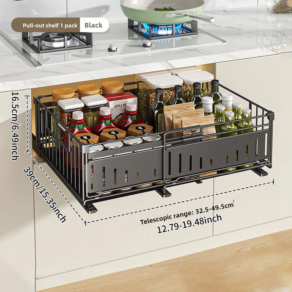Kitchen telescopic drawer pull basket foldable pull-out rack wardrobe multi-functional storage rack cabinet layered rack Oasis Select Black 1-piece set
