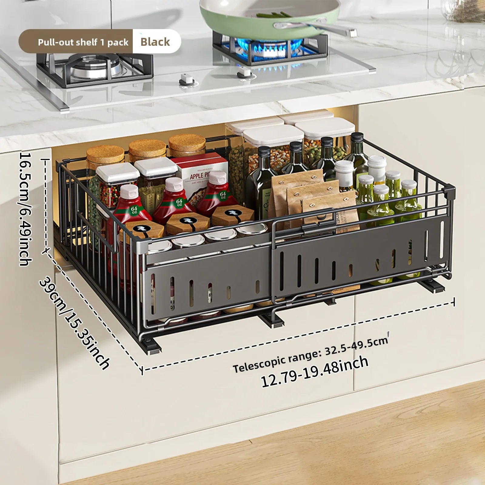 Kitchen telescopic drawer pull basket foldable pull-out rack wardrobe multi-functional storage rack cabinet layered rack Oasis Select Black 1-piece set