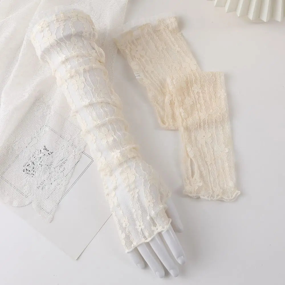 Summer Outdoor Breathable Sunscreen Sleeves Lace Mesh Ultra Thin Lace Arm Sleeves UV Protection Fingerless Long Gloves Girls Oasis Select Apricot