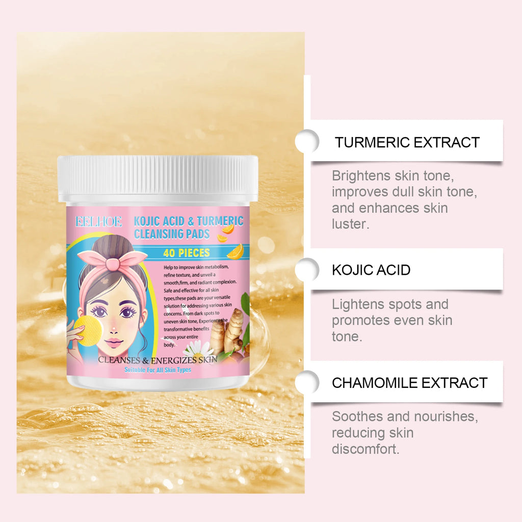 40pcs Turmeric Kojic Acid Facial Cleansing Pads Exfoliating Cleaning Remover Pores Dirt Moisturizing Daily Face Clean Skin Care Oasis Select