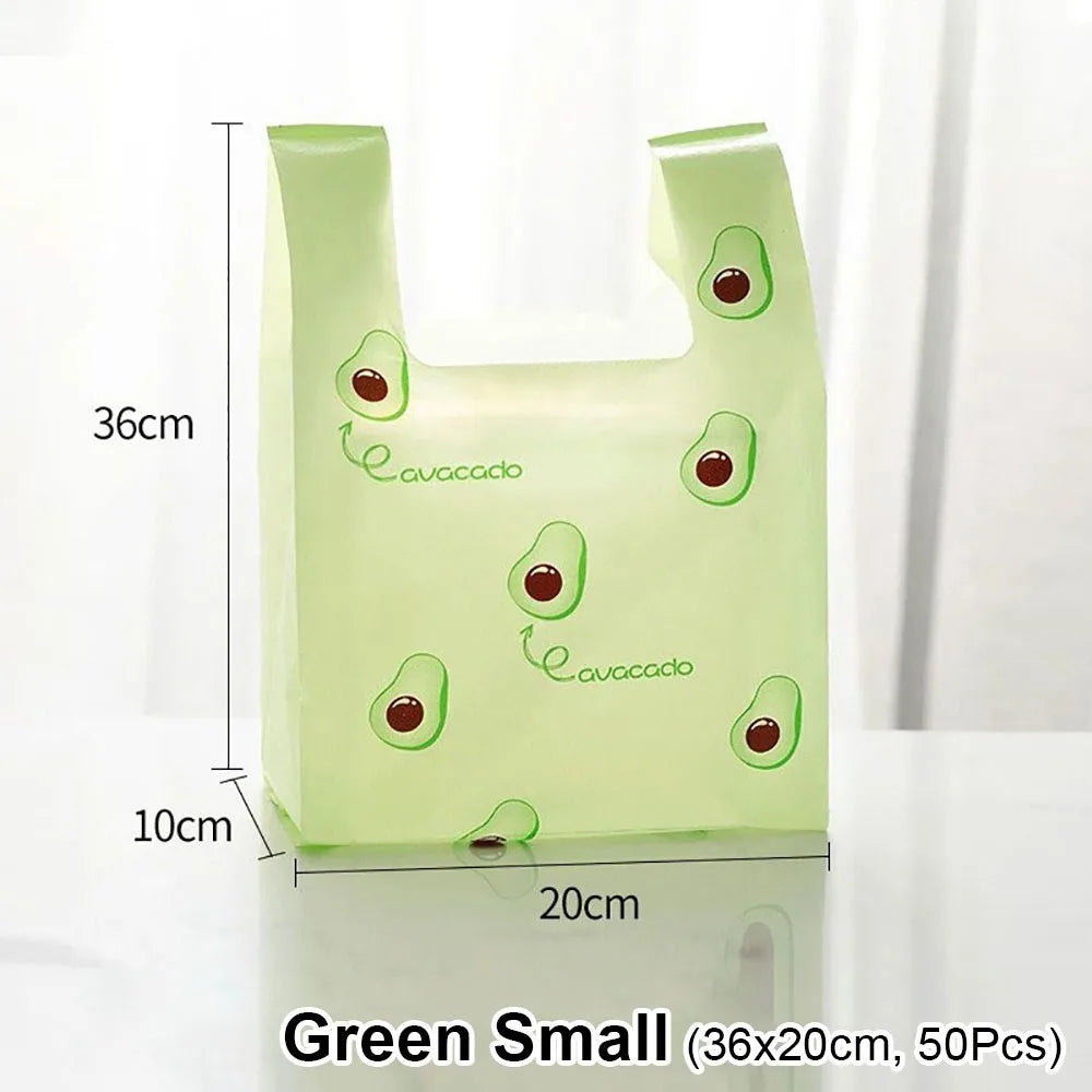 50Pcs Cute Fruit Plastic Bag Vest Bag Carry Out Bags With Handle Supermarket Shopping Takeaway Packaging Bag Home Storage Bag Oasis Select 50Pcs Green S