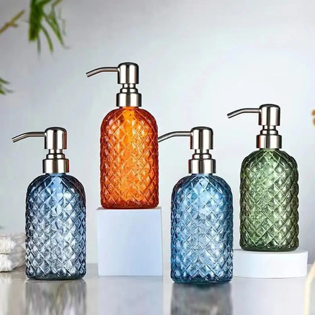 480ML Glass Soap Dispenser Rust Proof Stainless Steel Pump, Gem Patterned Refillable Hand Soap Dispenser for Kitchen Bathroom Oasis Select