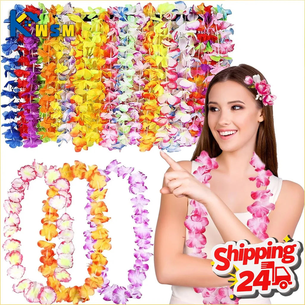 12-60PCS Colorful Tropical Flower Necklace for Hula Dance Summer Beach Pool Birthday Party Decoration Favors Hawaiian Garland Oasis Select
