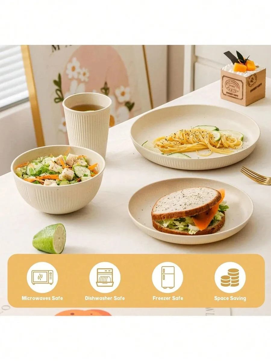 4/8/16pcs Plastic Dinnerware Set Reusable Cup Plate and Bowl Set Suitable for Camper Camping Picnic Dormitory Beige Oasis Select