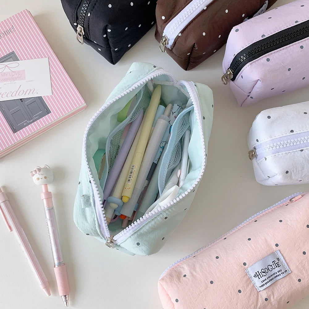 Fashion Korean Polka Dot Solid Color Pencil Case Student Stationery Large Capacity Storage Pen Bag Cute Girl Makeup Bag Gift Oasis Select