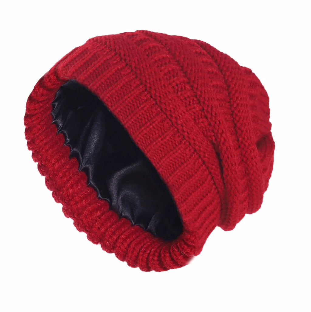Skeleton hat with micro elastic satin lining, knitted hat with satin lining, windproof and warm hat, double-layer knitted hat wi Oasis Select 6