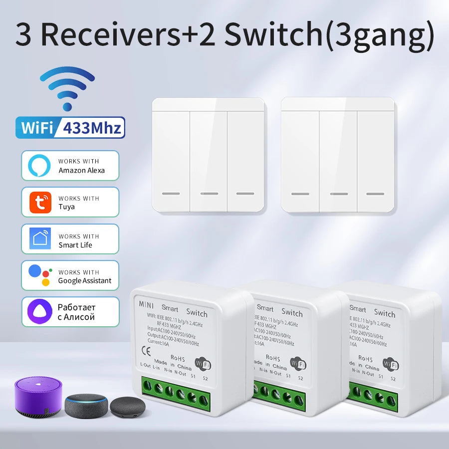 Tuya WiFi RF433MHz Smart Wall Switch 1/2/3 Gang | Alexa Google Smart WiFi Switch Oasis Select 3Receiver2Switch 16A