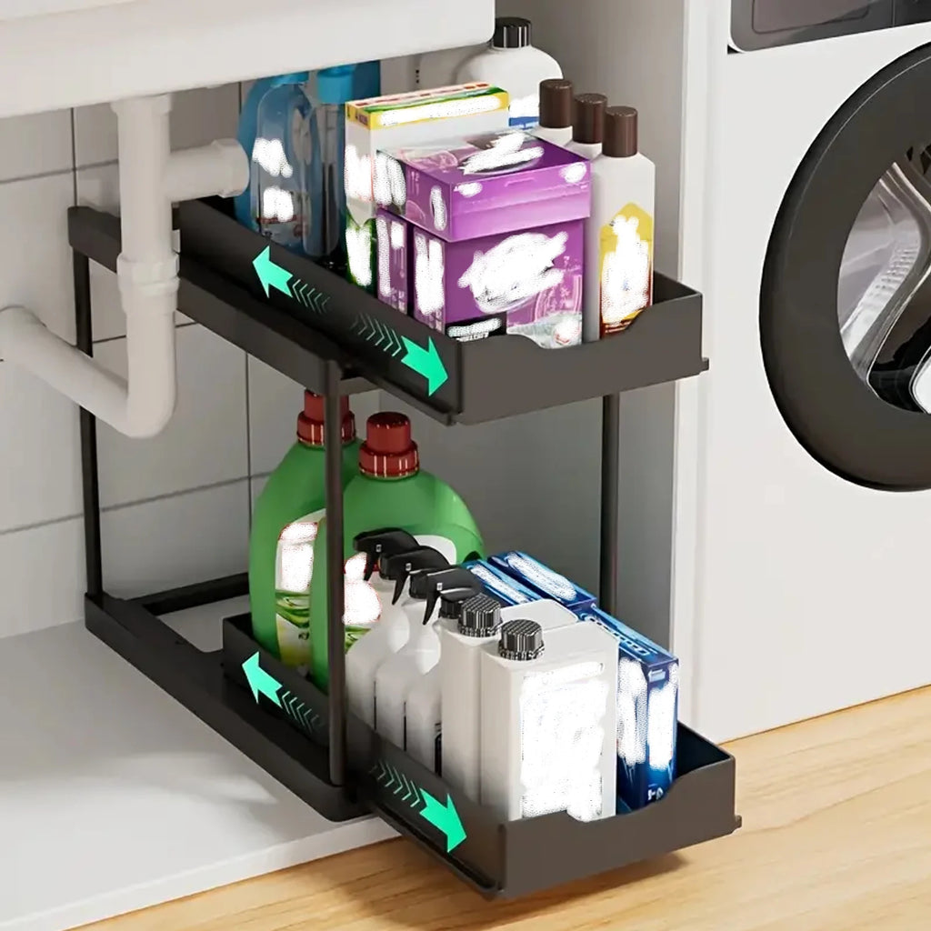 Double-Layer Pull-Out Kitchen Storage Rack, Non-Slip and Stable, Multifunctional Storage Box with Five Hooks, Under-Sink Oasis Select black 2-tier
