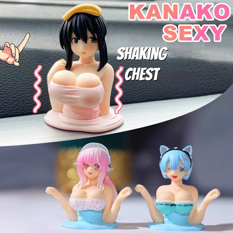 Sexy Kanako Chest Shaking Girls Car Ornaments Cartoon Kawaii Anime Statue Car Dashboard Sexy Doll Figurine Cute Car Decorations Oasis Select