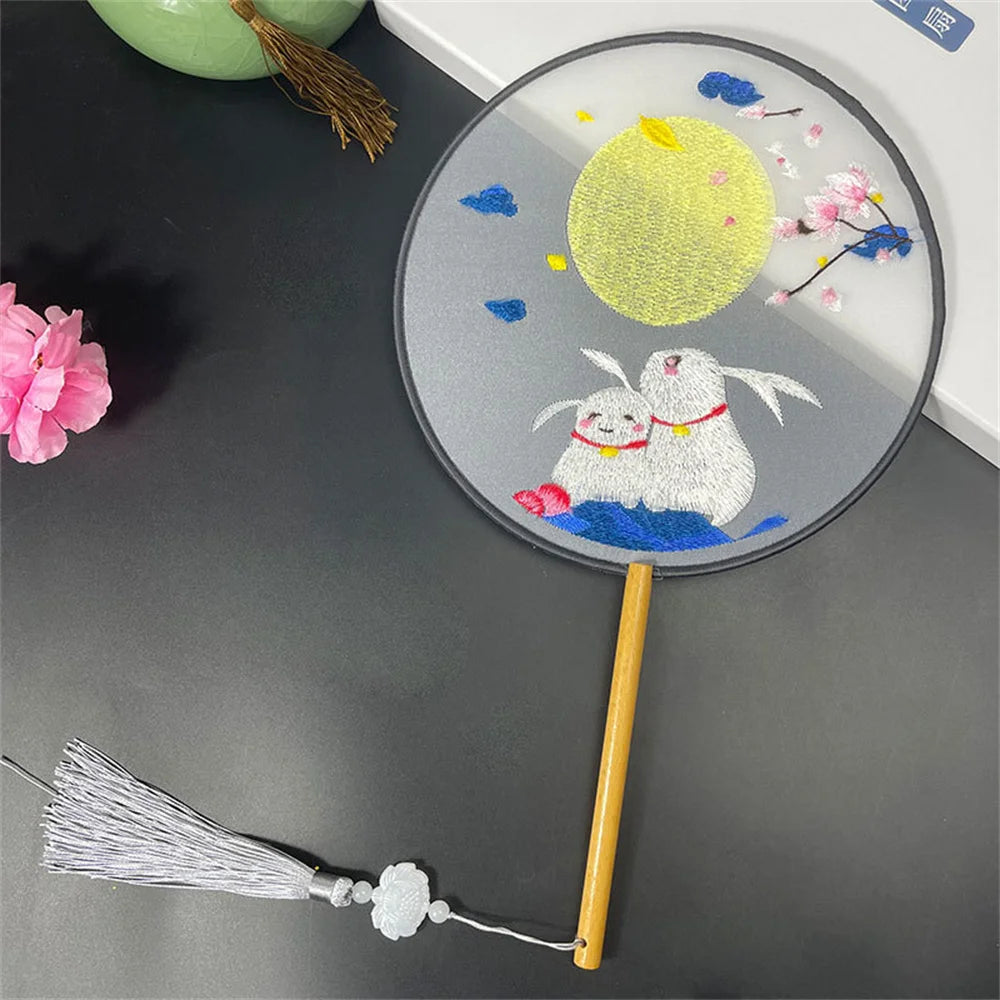 Round Double Sided Embroidery Fan Chinese Style Wooden Handle Embroidery Round Fan with Pendant Handheld Flower Silk Fan Oasis Select Style 6