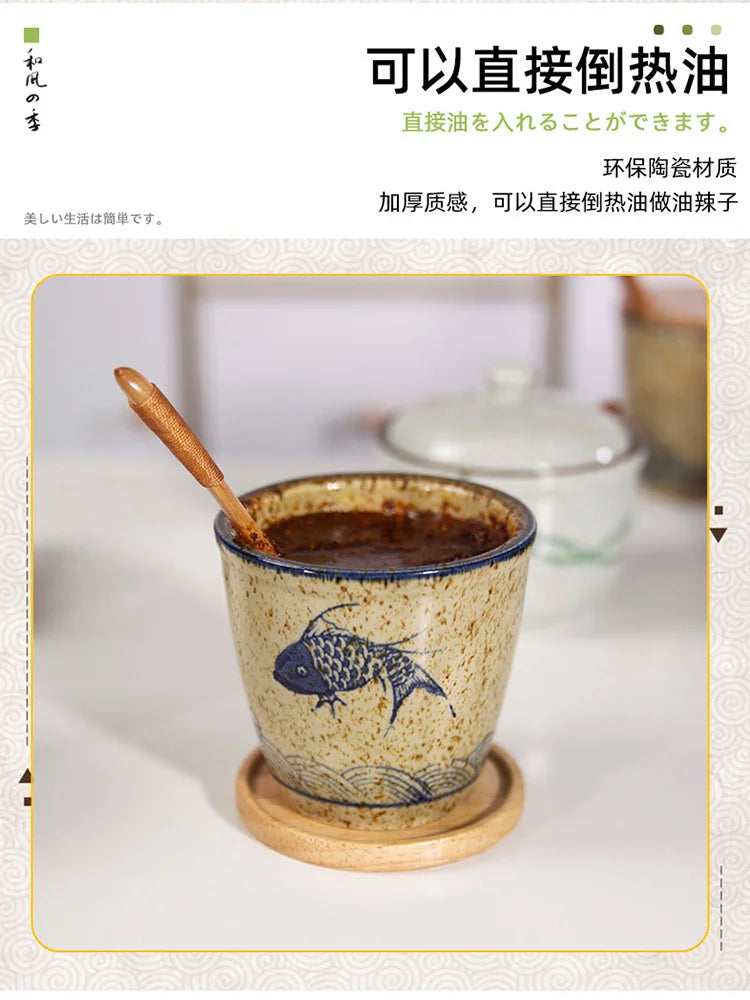 Ceramic Retro Seasoning Pot Hand-painted Salt Pot Oil Tank Pepper Pot for Kitchen Oasis Select