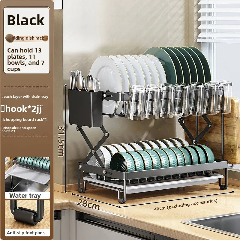 Kitchen, tableware, drain rack, dish storage rack, foldable household countertop, bowl rack, shelf Oasis Select Black-Full Set