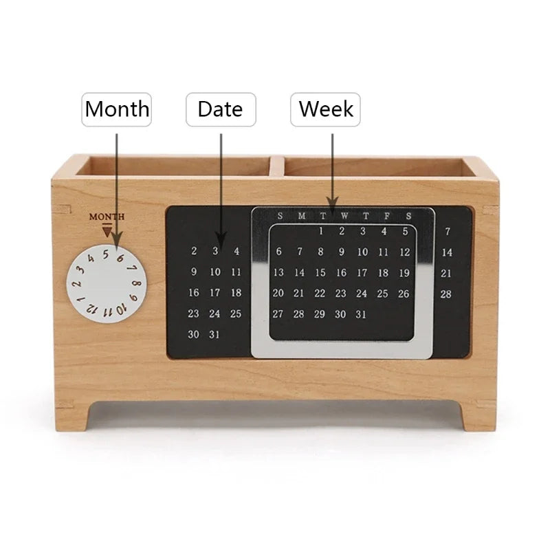 Creative Wooden Calendar Pen Holder Multifunctional Desktop Organizer Stationery Pencil Storage Box Remote Control storage Box Oasis Select