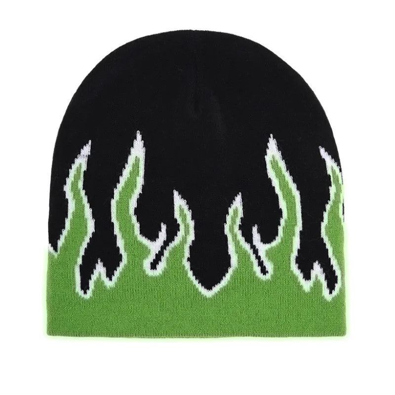 Knitted hat, hip-hop flame jacquard hat, cross-border winter warm and cold hat, brimless pullover hat, trendy and cool Oasis Select green