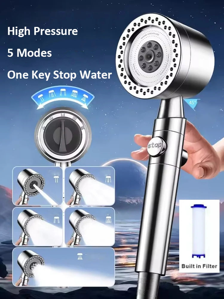 New 5 Mode Pressurized Shower Head With Filter Stop Button Water Saving Spray Nozzles Big Boost Showerhead Bathroom Accessories Oasis Select