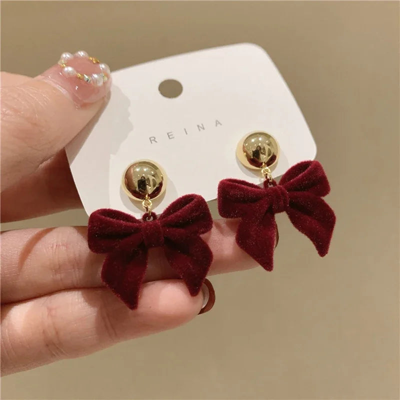 1pair Vintage Black Red Flocking Earrings Geometric Bowknot Stud Earrings For Women Fashion With Jewelry Accessories Oasis Select