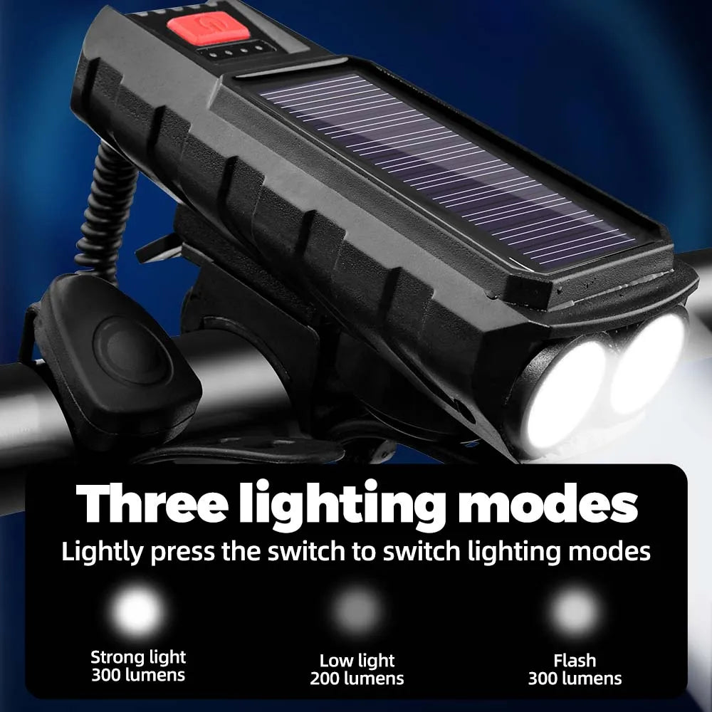 Bicycle Front Light Solar TYPE-C Rechargeable MTB Road Front Light High Brightness Flashlight 120dB With Horn led cycling front Oasis Select