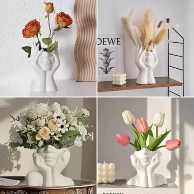 White Vase with Art Face Design, Creative Desktop Ornament Handmade Gift Modern Home Decor Oasis Select