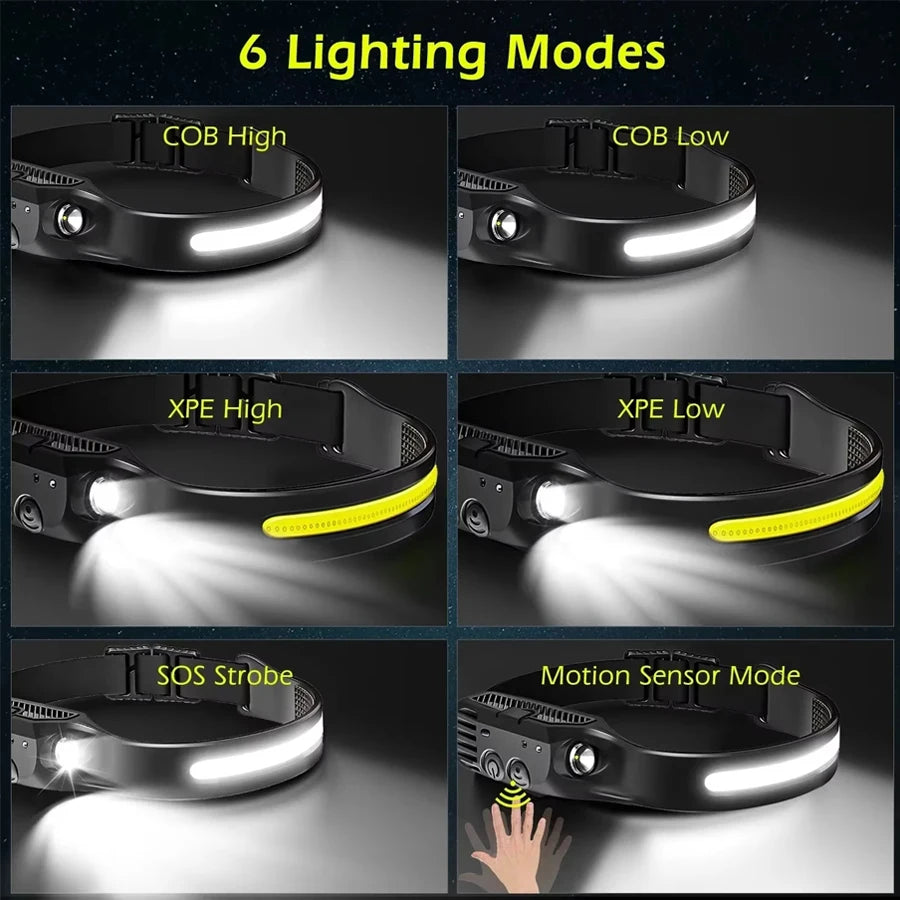 COB LED Headlamp Induction Head Lamp Built-in Battery USB Rechargeable Head Flashlight Outdoor Camping Fishing Sensor Headlight Oasis Select