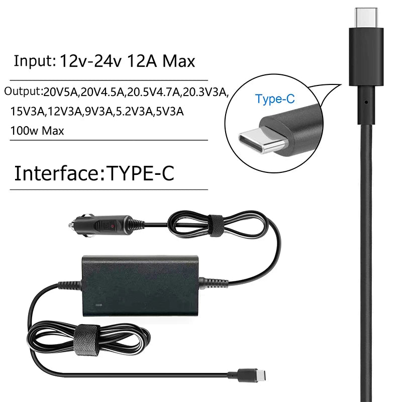 100W Max 12V-24V Universal Car Charger USB-C PD 5V 9V 12V 15V 3A 20V 5A For Lenovo Dell Laptops Tablets Phones TYPE-C Charger Oasis Select