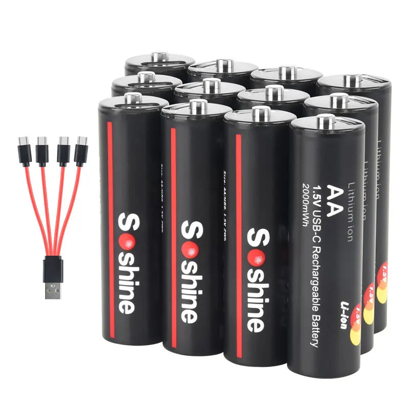 Soshine Original Li-ion AA Rechargeable Batteries USB Lithium battery 2000mWh 1.5V AA Rechargeable Batteries with Charging cable Oasis Select 12pcs AA 1.5V 2000
